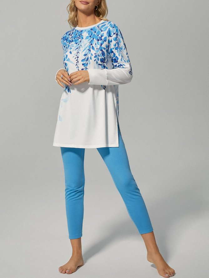 Elegant Geblümt Rundhals Zweiteiliges Set
