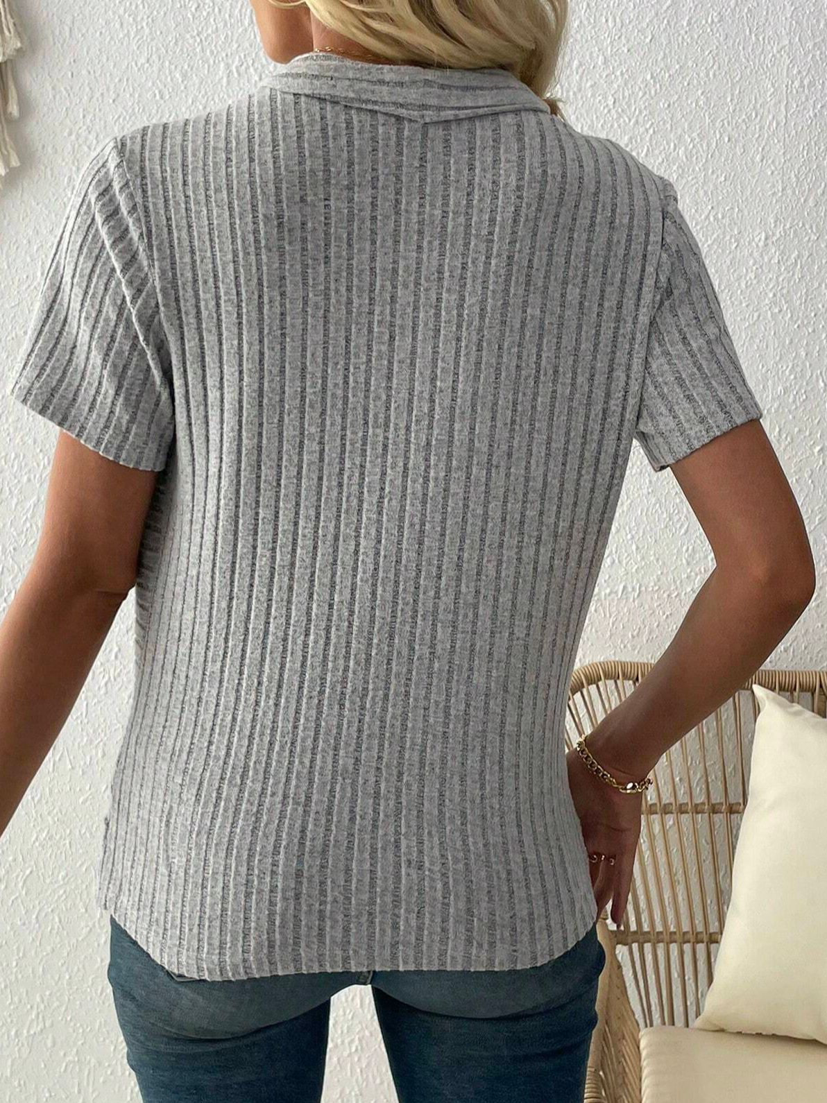 Lässig Baumwollmischung Weit Gestreift Unifarben Criss Cross Wickeln Gerippt Stricken T-Shirt