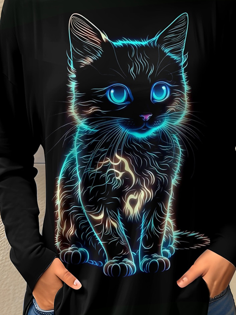 Katze Lässig Rundhals Weit T-Shirt