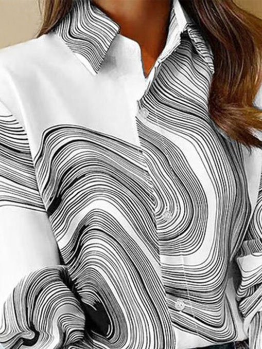 Lässig Hemdkragen Weit abstrakte Streifen Bluse