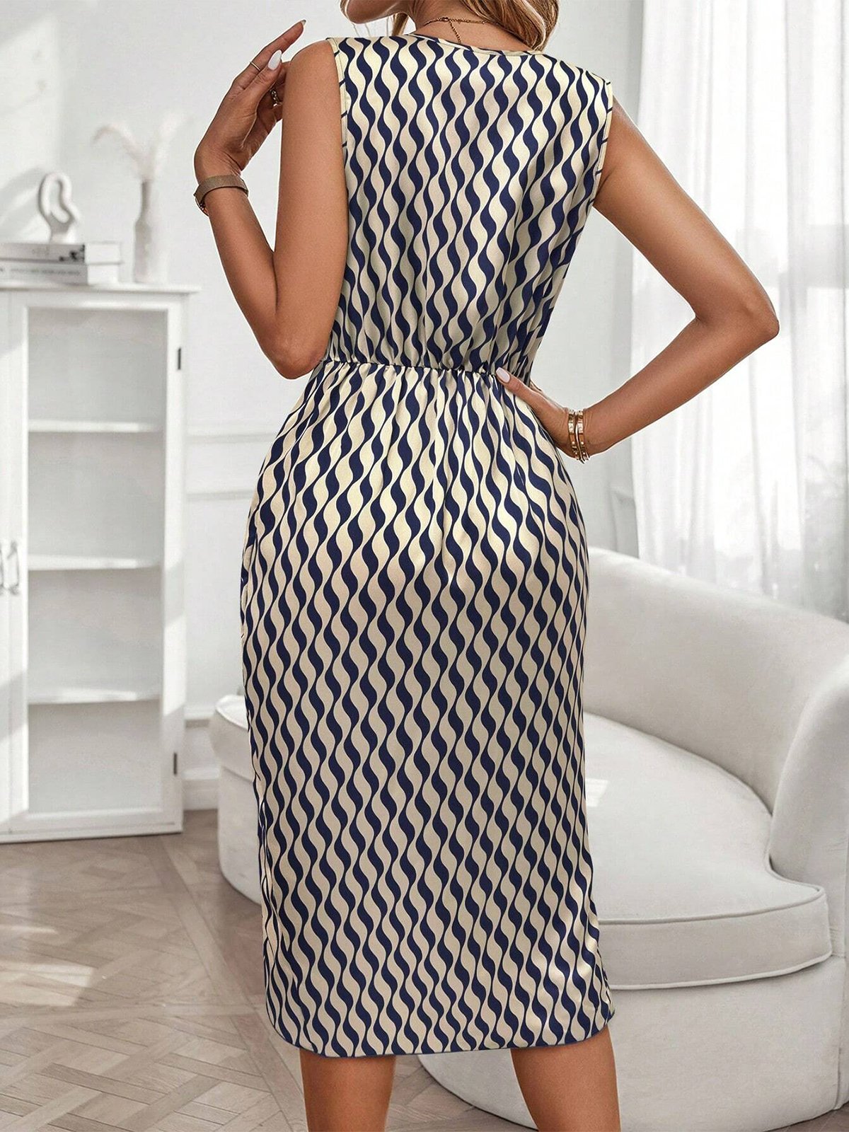 Elegant Regelmäßige Passform ÜBERALL Print Drapiert Vorderseite Kleid