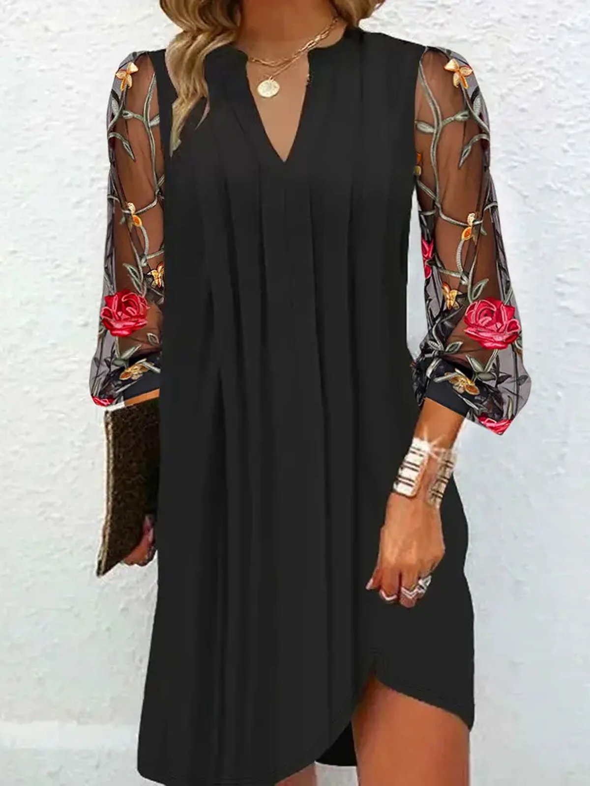 Damen Langarm Frühling/Herbst Geblümt Mesh Kleid V-Ausschnitt Täglich Ausgehen Lässig Mini H-Linie