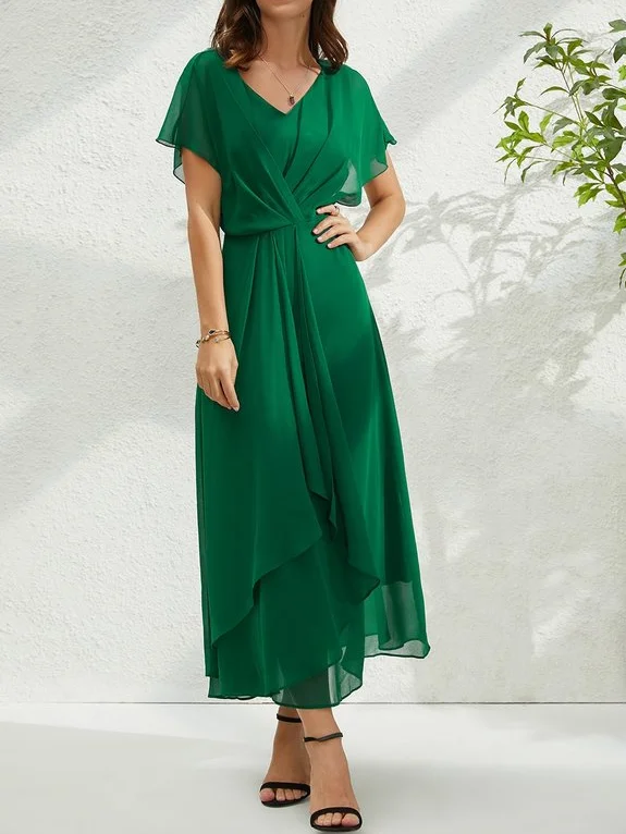 V-Ausschnitt Elegant Chiffon Unifarben Kleid