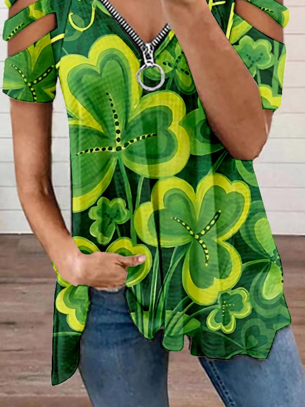 Damen Kleeblatt Kurzarm T-Shirts T-Shirt V-Ausschnitt Reißverschluss Lässig Sommer Tunika Oberteile