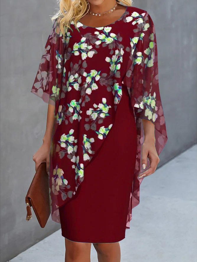 Damen Abendkleid Sommerkleid Elegant Chiffon Knielange Geblümt Pendeln H-Linie Urlaub Midi Kleid
