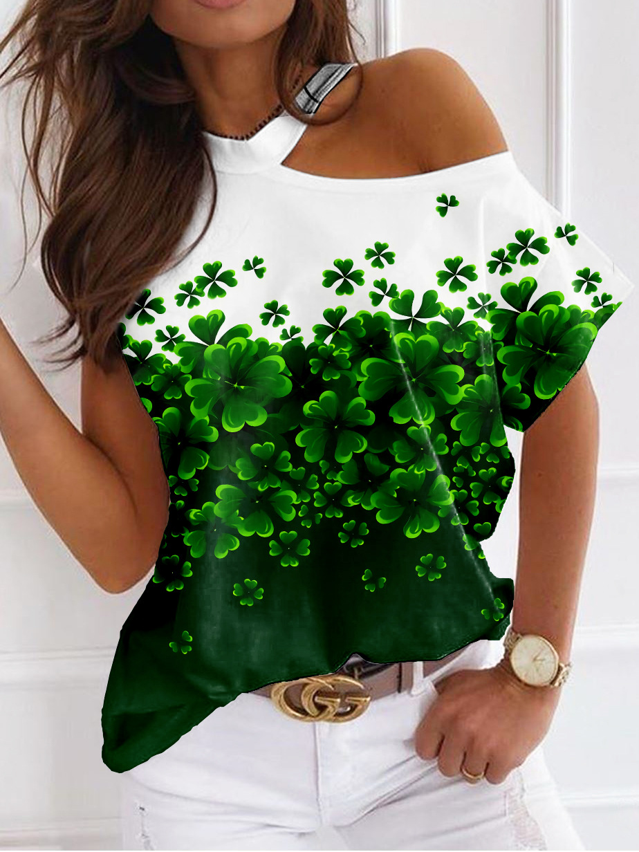 Damen vierblättriges Kleeblatt Kurzarm T-Shirts T-Shirt Asymmetrisch Lässig Sommer Oberteile