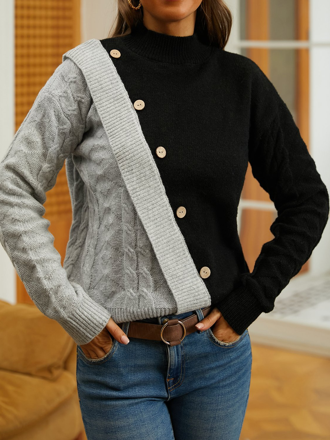 Regelmäßige Passform Wolle/Stricken Farbblock Pullover