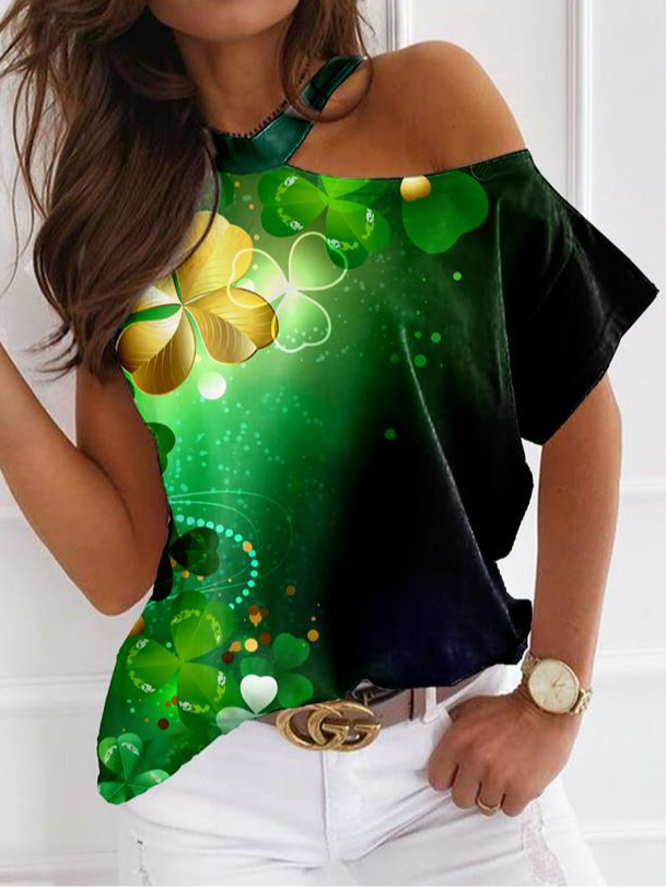 Damen vierblättriges Kleeblatt Kurzarm T-Shirts T-Shirt Asymmetrisch Lässig Sommer Oberteile