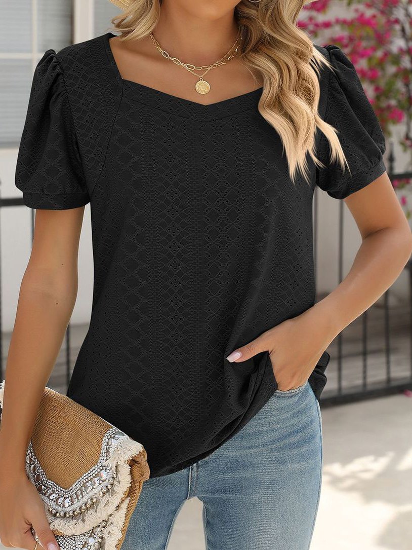 Kurzarm-T-Shirt/T-Shirt für Damen Sommer einfarbig herzförmiger Ausschnitt Alltag Ausgehen lässiges Oberteil Schwarz
