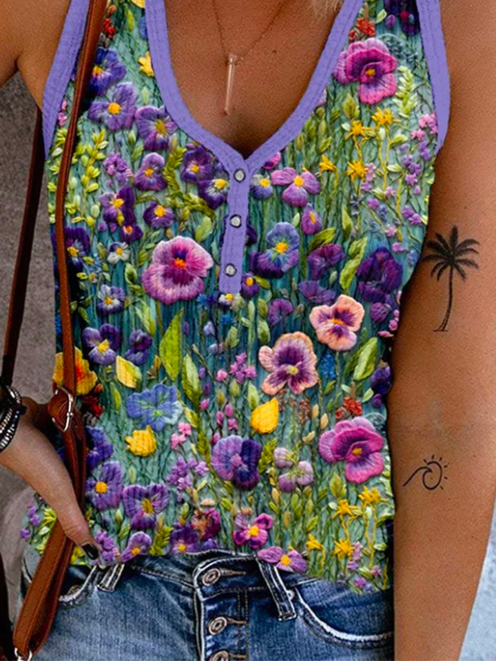 Damen Ärmellos Tanktop Oberteile Leibchen Sommer Geblümt Schnalle V-Ausschnitt Täglich Ausgehen Lässig Oberteile