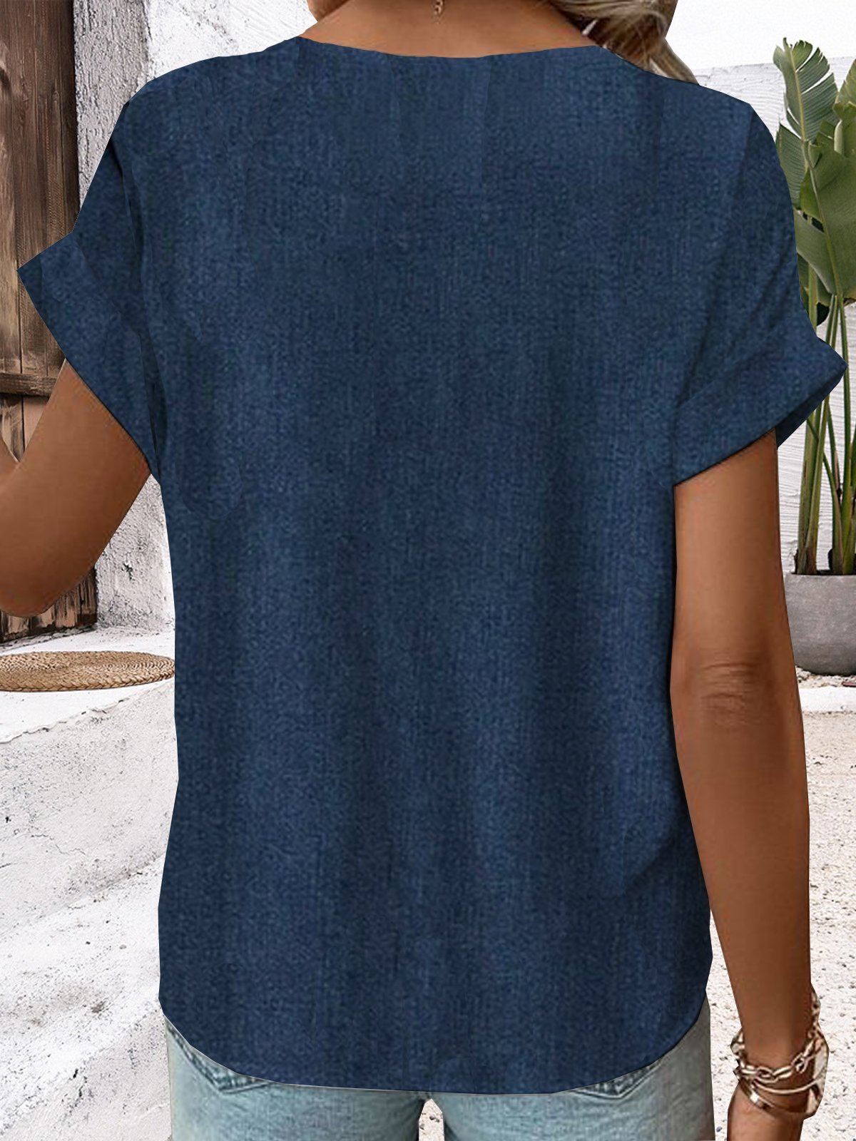 Damen Lässig Unifarben Sommerbluse Geknöpf Weit Kurzarm Shirts