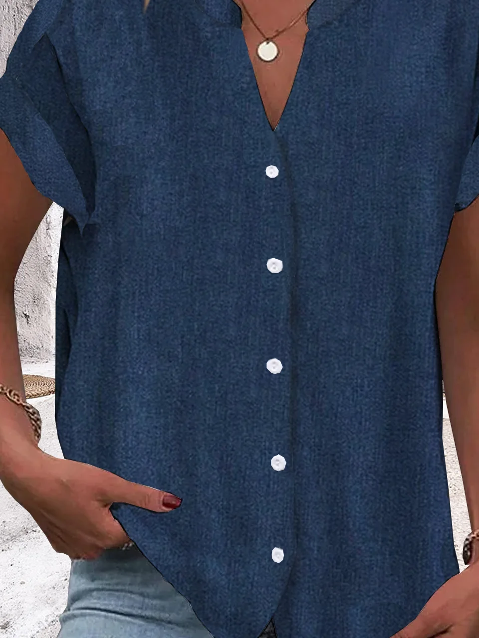 Damen Lässig Unifarben Sommerbluse Geknöpf Weit Kurzarm Shirts