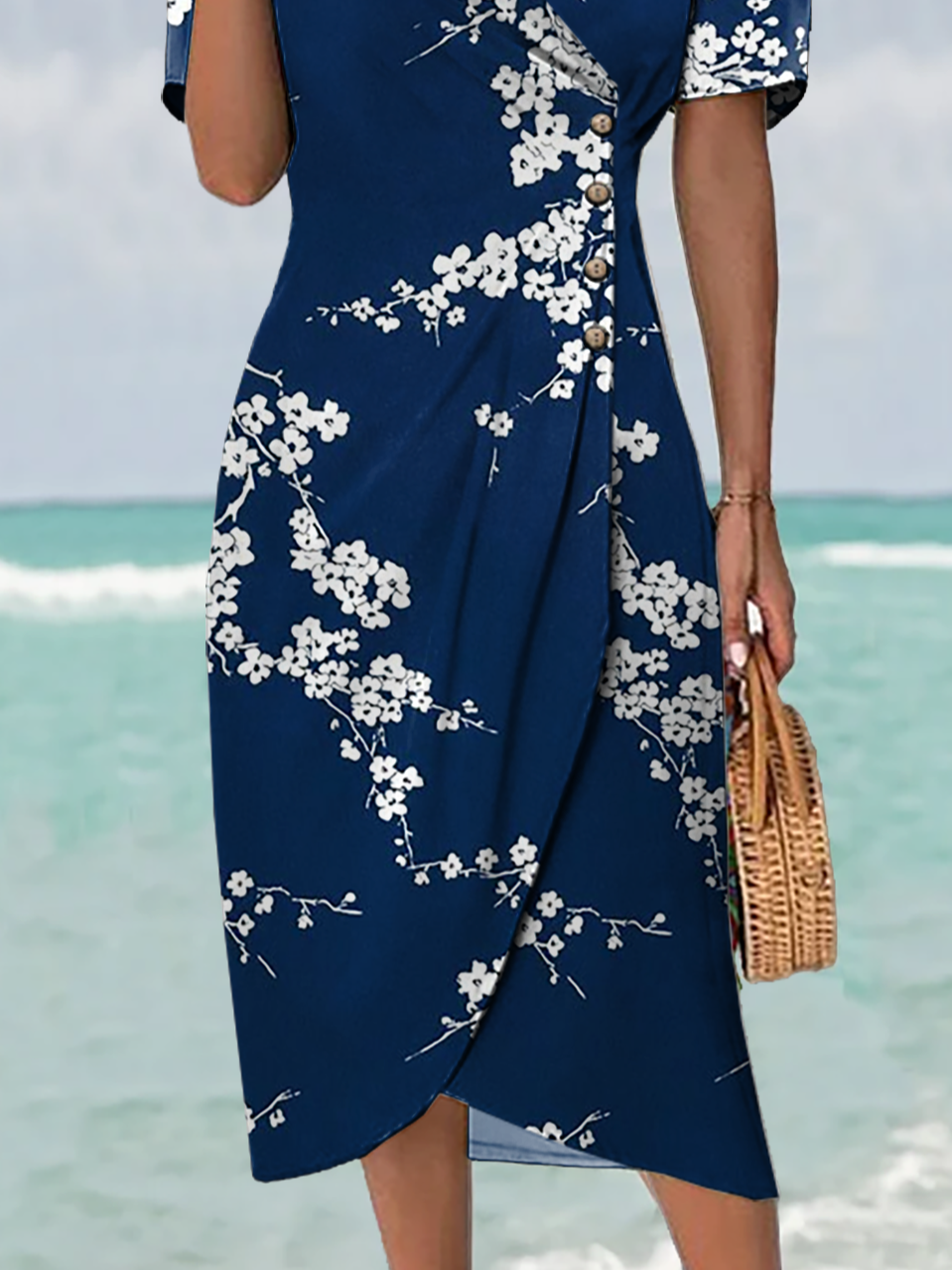 Damen Geblümt Kurzarm Sommer Schnalle Kleid Kreuzhals Täglich Urlaub Mini H-Linie Kleid