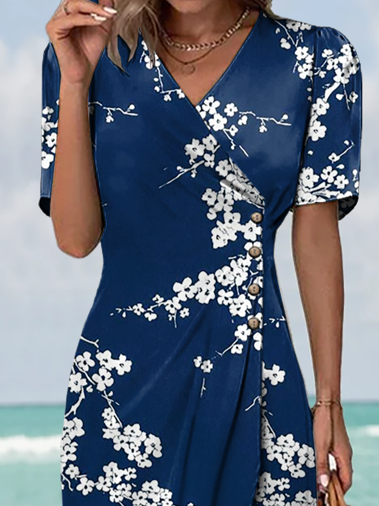 Damen Geblümt Kurzarm Sommer Schnalle Kleid Kreuzhals Täglich Urlaub Mini H-Linie Kleid