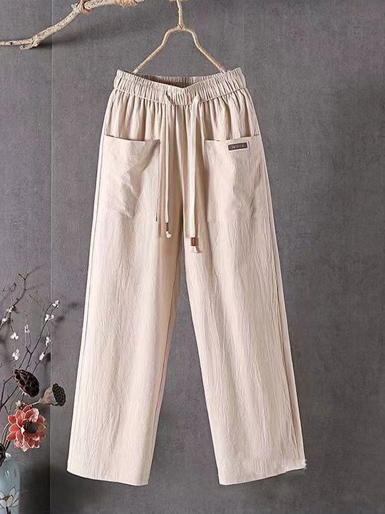 Damen Elastische Taille H-Linie Gerade Hosen Täglich Ausgehen Hose Lässig Baumwolle Leinen Unifarben Frühling/Herbst Hose