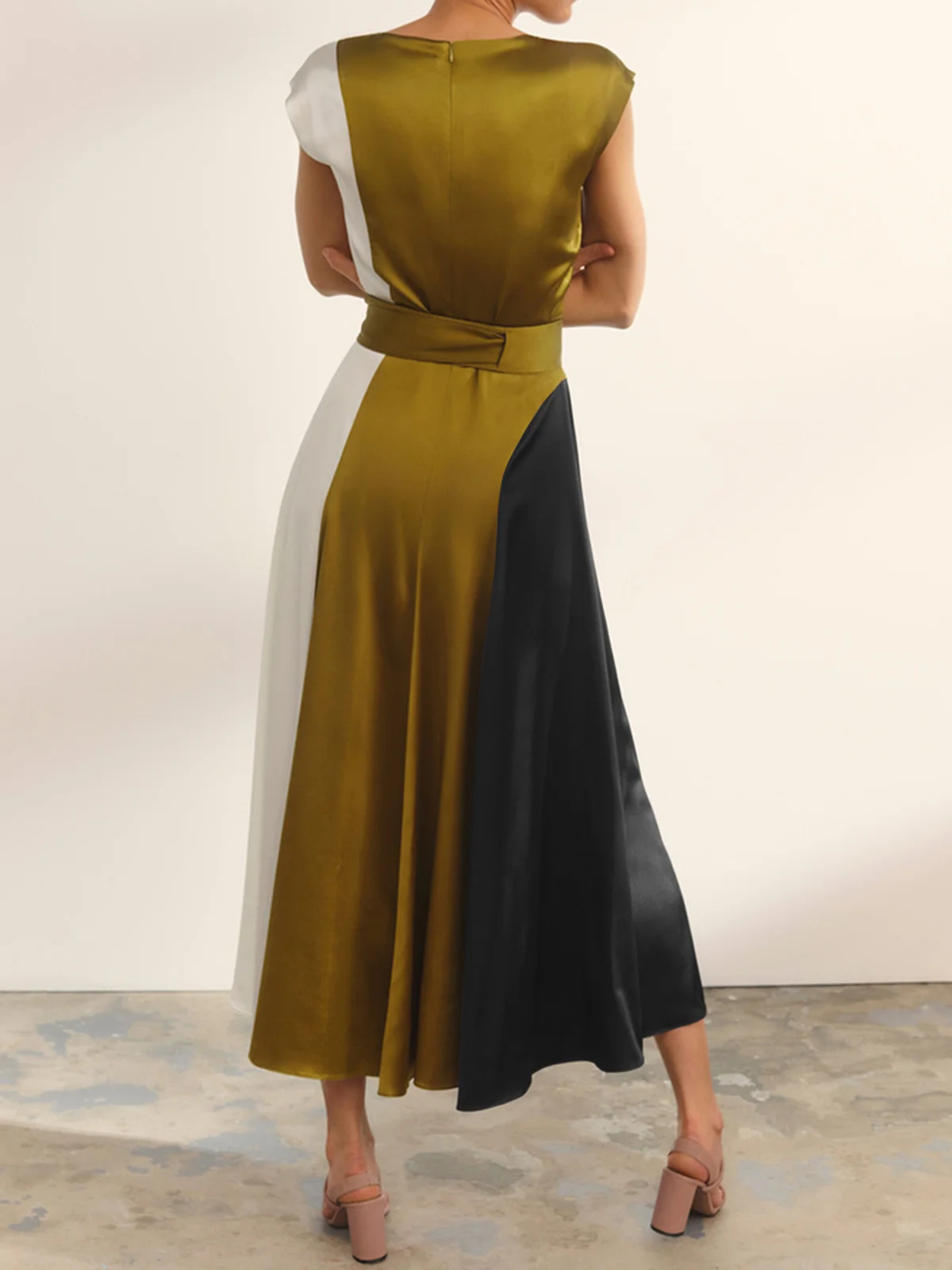 Damen Ärmellos Sommer Farbblock Schleife Kleid Rundhals Pendeln Ausgehen Urban Midi H-Linie Grün