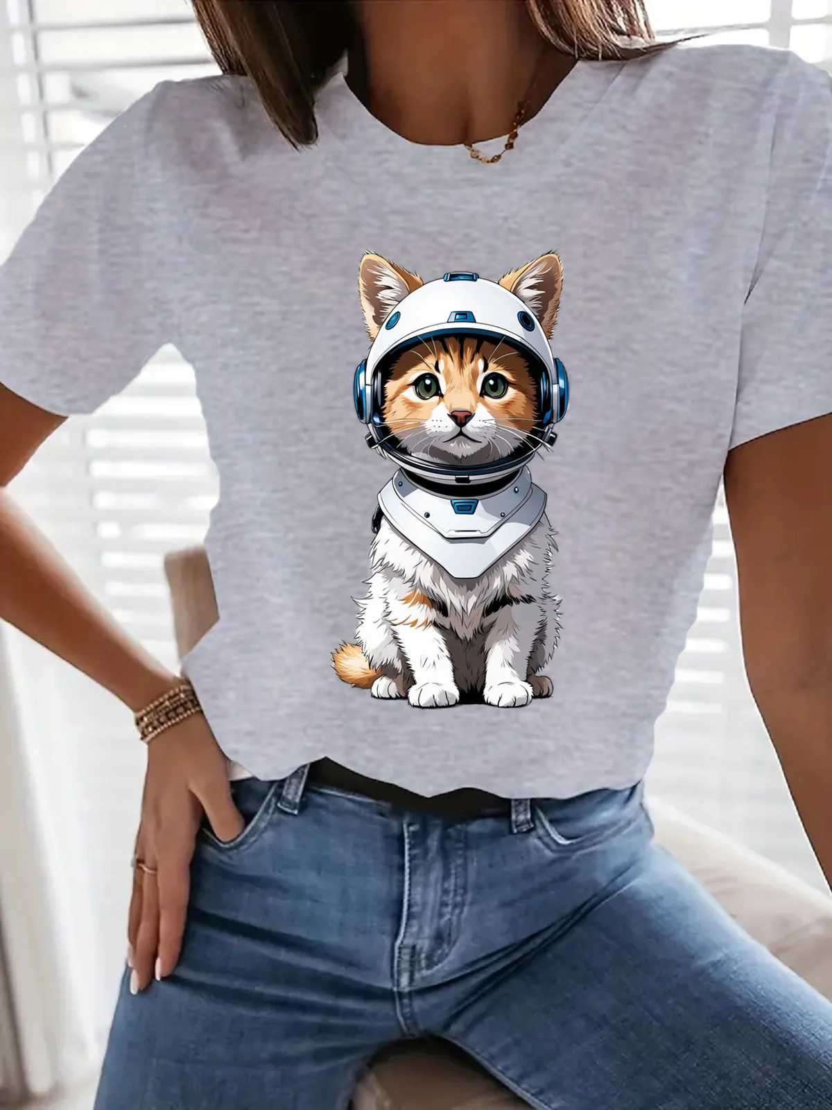 Lässig Katze Rundhals Weit T-Shirt