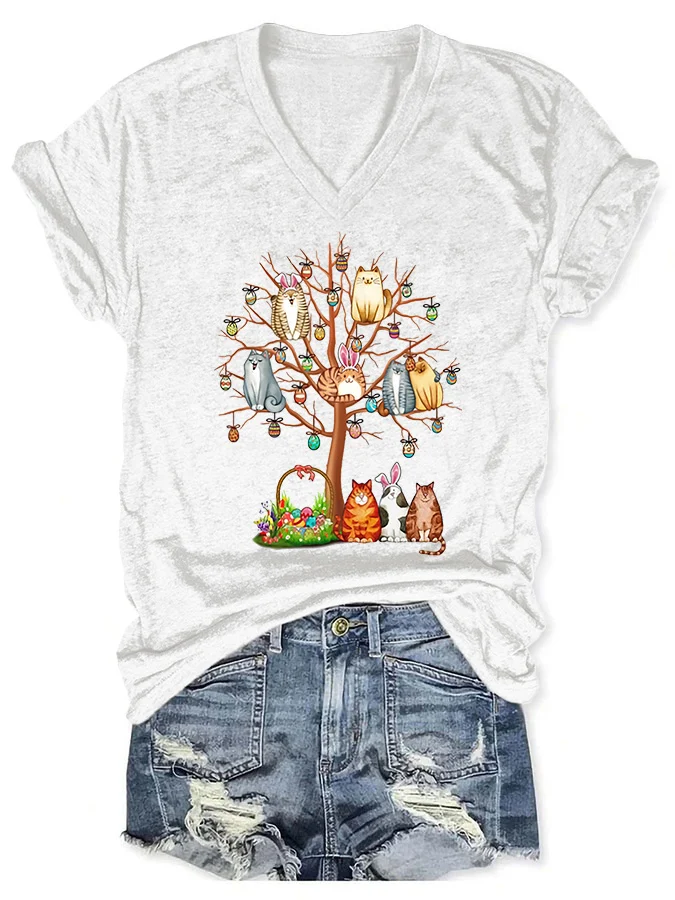 Damen Katze Kurzarm T-Shirts T-Shirt V-Ausschnitt Lässig Sommer Oberteile