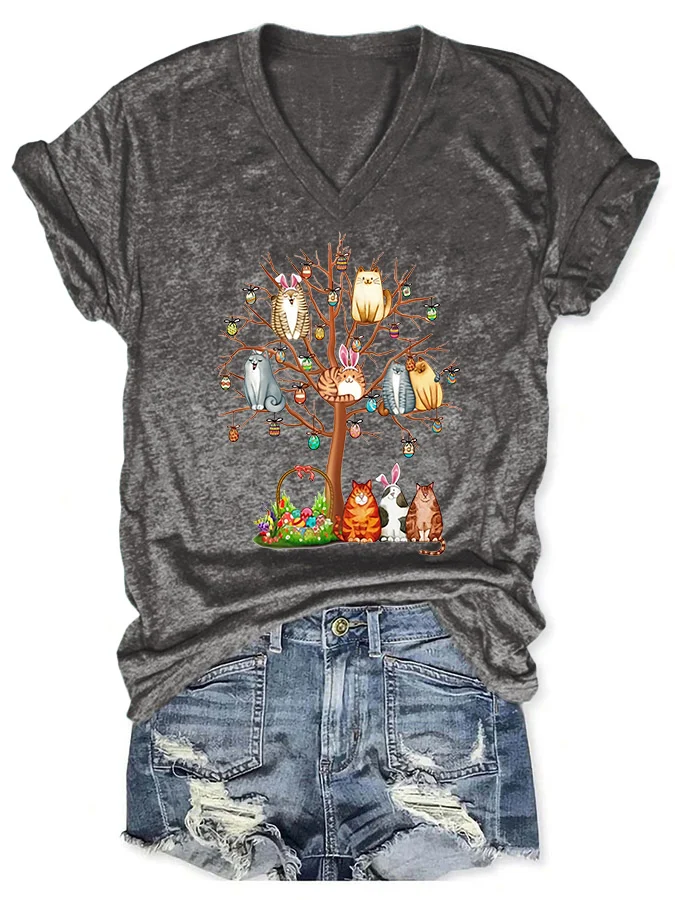 Damen Katze Kurzarm T-Shirts T-Shirt V-Ausschnitt Lässig Sommer Oberteile