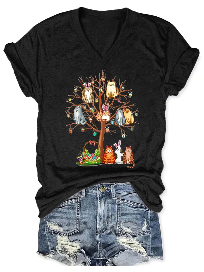 Damen Katze Kurzarm T-Shirts T-Shirt V-Ausschnitt Lässig Sommer Oberteile