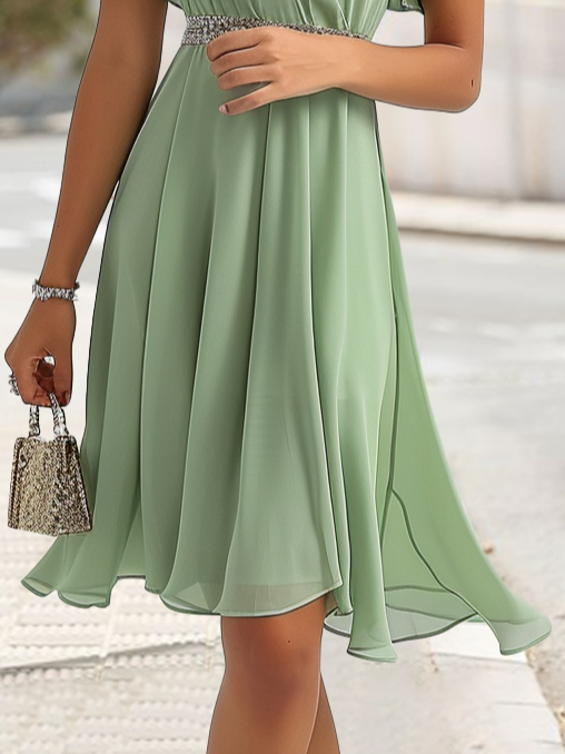 Damen Elegant Chiffon Unifarben Sommerkleid V-Ausschnitt Glitzernd Gürtel Kleider