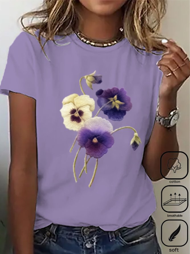 Damen Kurzarm-T-Shirt/T-Shirt Sommer Blumenmuster Rundhalsausschnitt Alltag Ausgehen Freizeit-Oberteil Schwarz