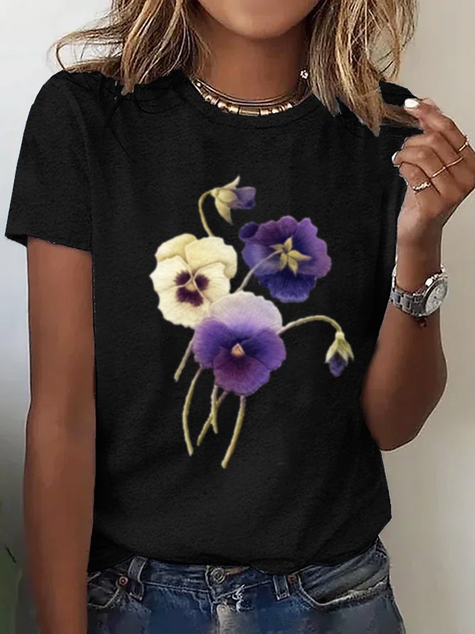 Damen Kurzarm-T-Shirt/T-Shirt Sommer Blumenmuster Rundhalsausschnitt Alltag Ausgehen Freizeit-Oberteil Schwarz