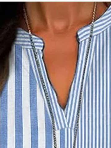 Damen-Bluse mit langen Ärmeln Frühling/Herbst gestreift gekerbter Ausschnitt tägliches Ausgehen lässiges Oberteil Blau