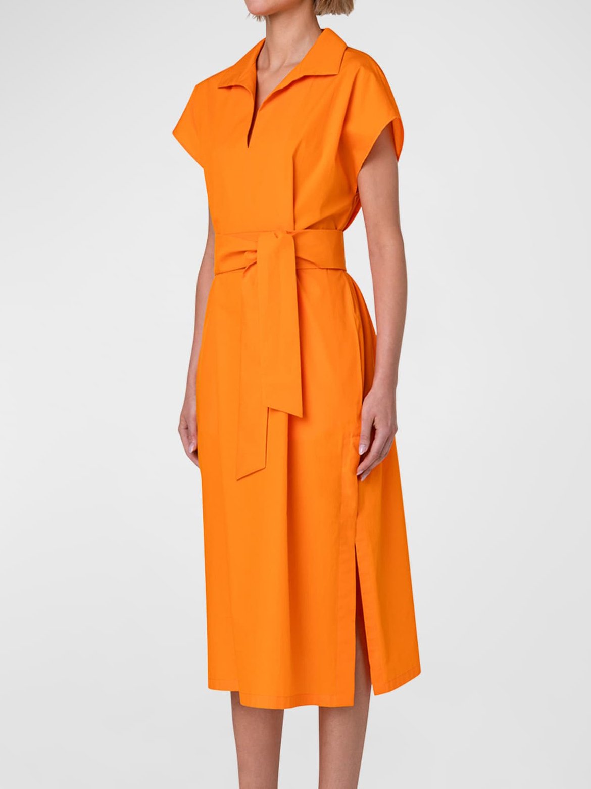 Damen Flügelärmel Sommer Unifarben Gerüscht Baumwolle Kleid Stehkragen Date Ausgehen Urban Midi H-Linie Orange