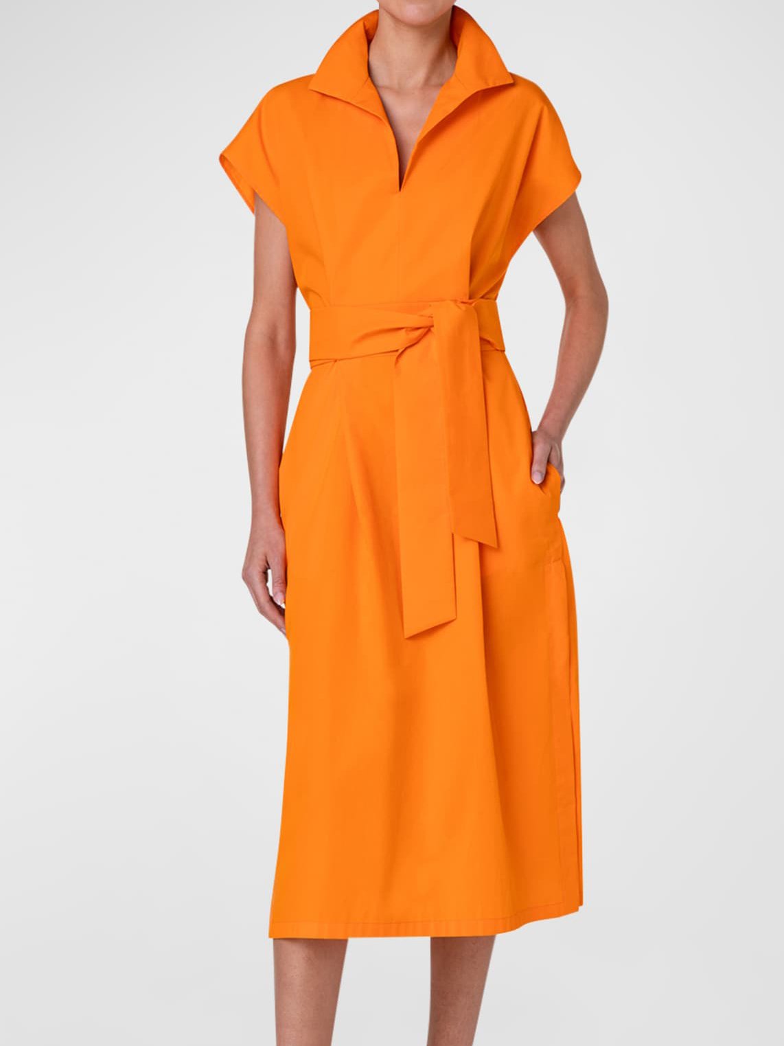 Damen Flügelärmel Sommer Unifarben Gerüscht Baumwolle Kleid Stehkragen Date Ausgehen Urban Midi H-Linie Orange