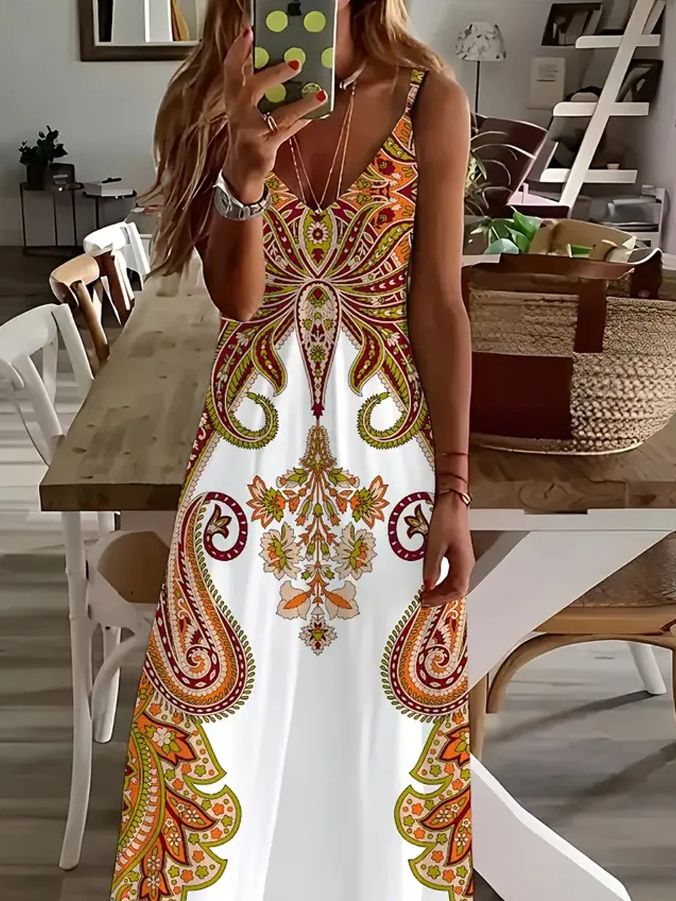 Damen Gallus Sommer Ethnisch Kleid Spaghettiträger Täglich Ausgehen Urlaub Maxikleid A-Linien Unterhose Kleid