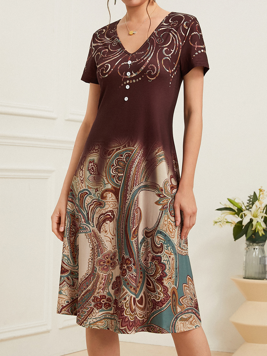 Damen Abendkleid Elegant Midikleid Paisley Sommer Kleid V-Ausschnitt Weit Mittlere Elastizität Passen & Flare