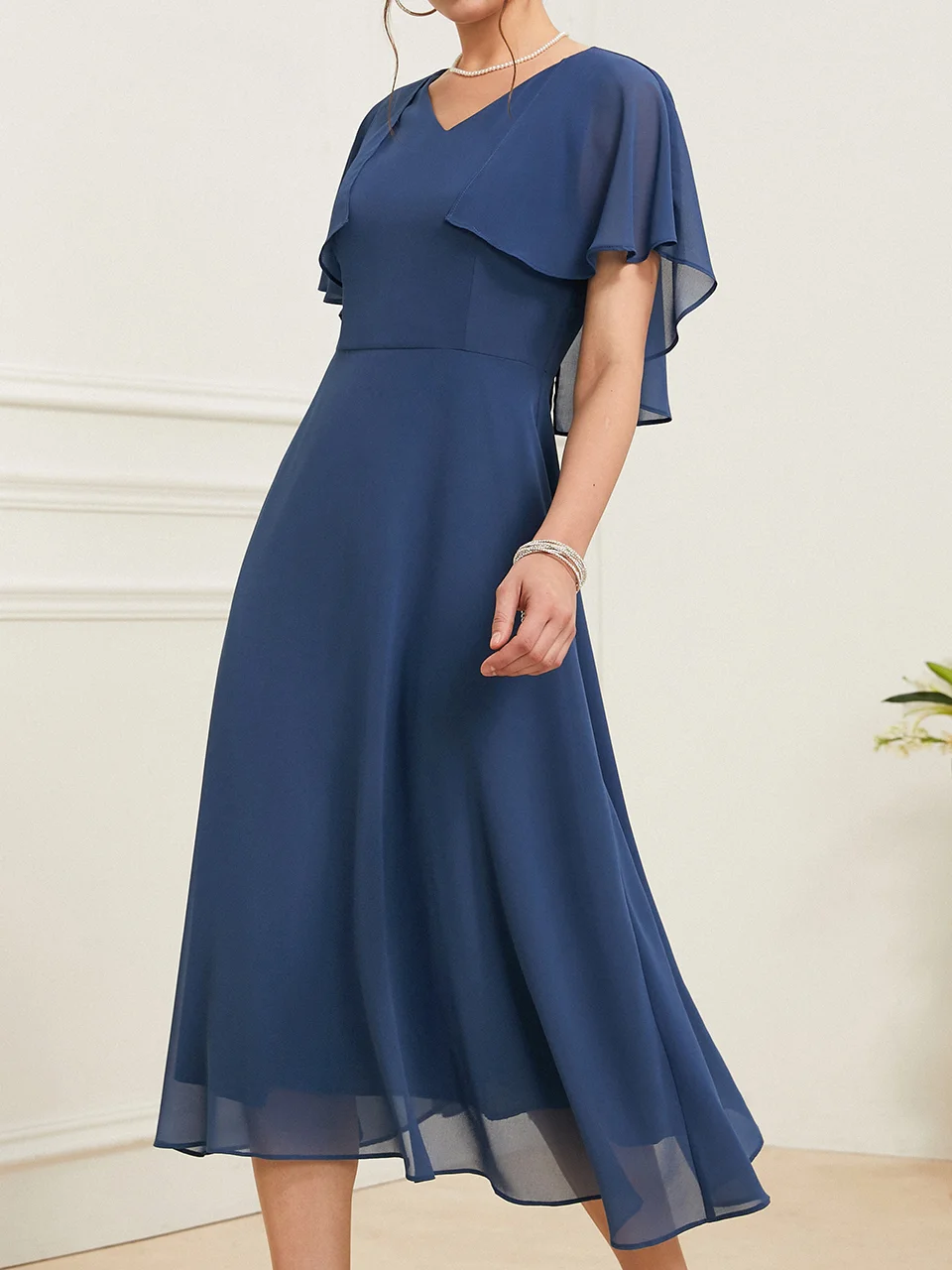 Unifarben Chiffon Regelmäßige Passform Elegant Kleid