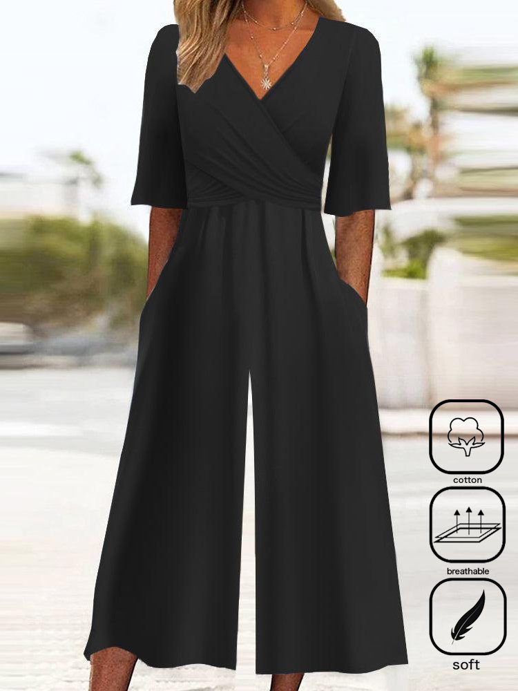 Damen Unifarben V-Ausschnitt Kurzarm Lässig Sommer Baumwolle Jumpsuit