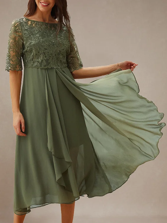 Damen Abendkleid Lang Sommerkleid Festliche Kleid Spitze Elegante Halber Körper Midikleid