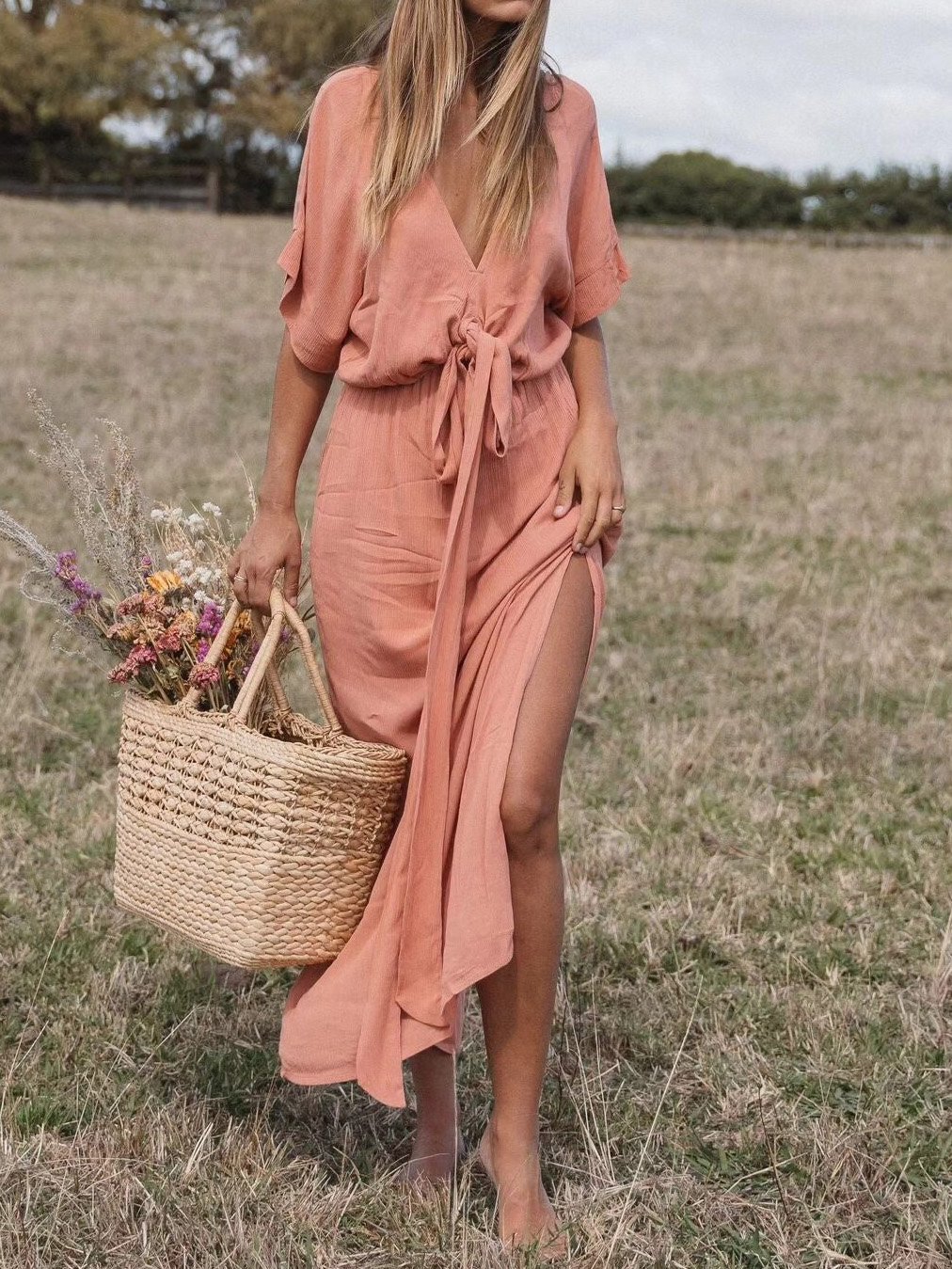 Damen Kurzarm Sommer Unifarben Knoten an der Front Kleid V-Ausschnitt Täglich Ausgehen Böhmisch Maxikleid H-Linie