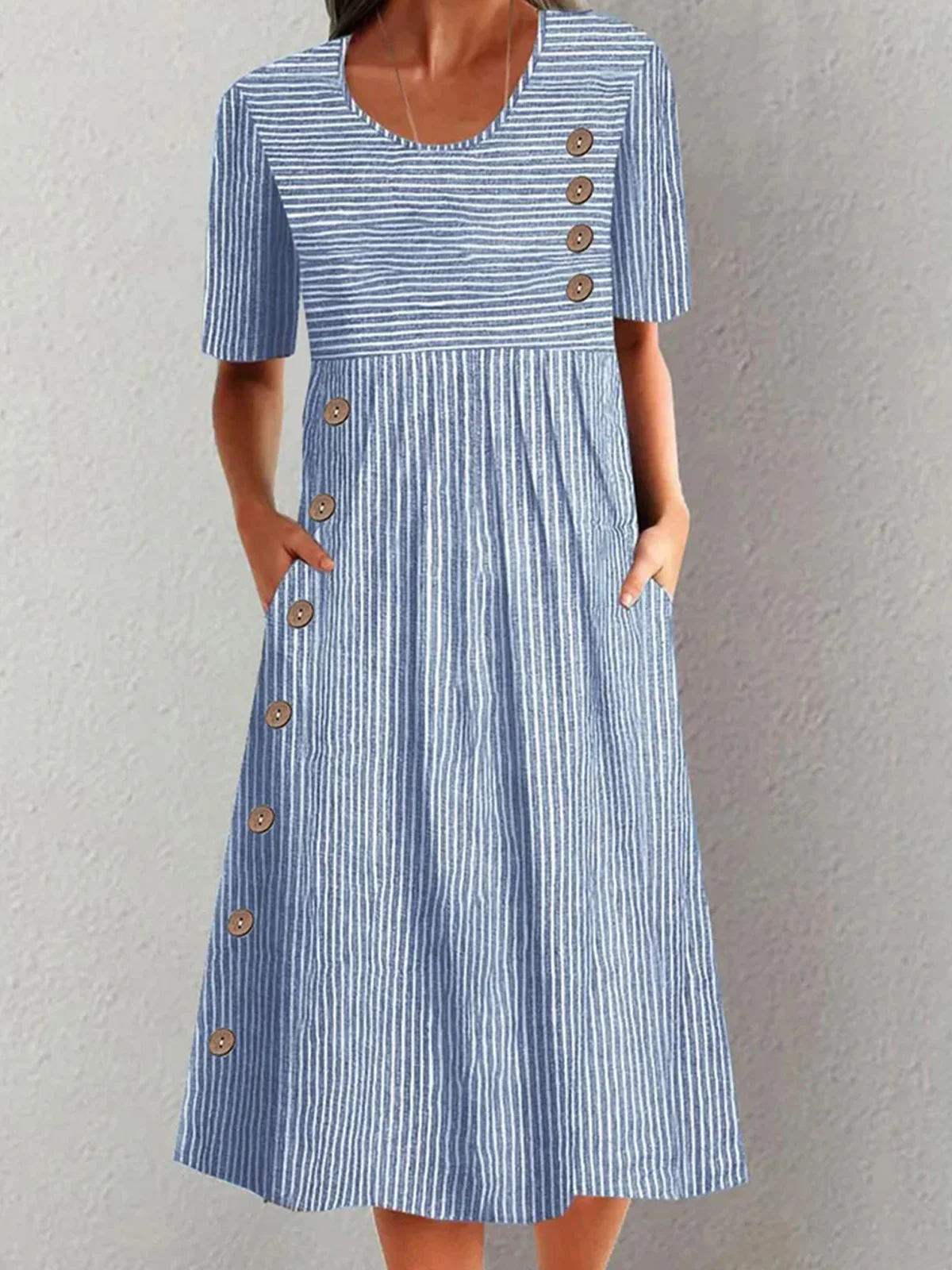 Damen Kurzarm Sommer Gestreift Schnalle Baumwolle Rundhals Täglich Ausgehen Lässig Midi H-Linie Blau Kleid