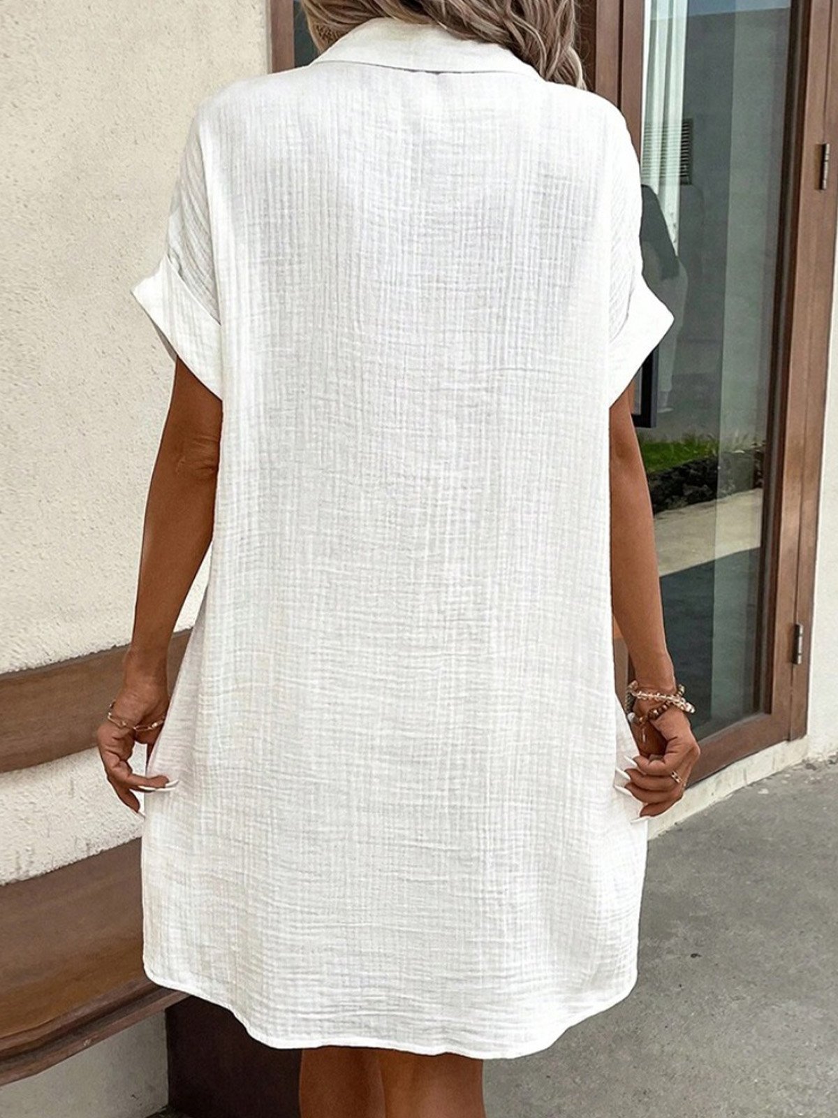 Damen Kurzarm Sommer Einfarbig Hemdkragen Täglich Ausgehen Lässig Kurz A-Linie Hemdkleid Kleid Weiß