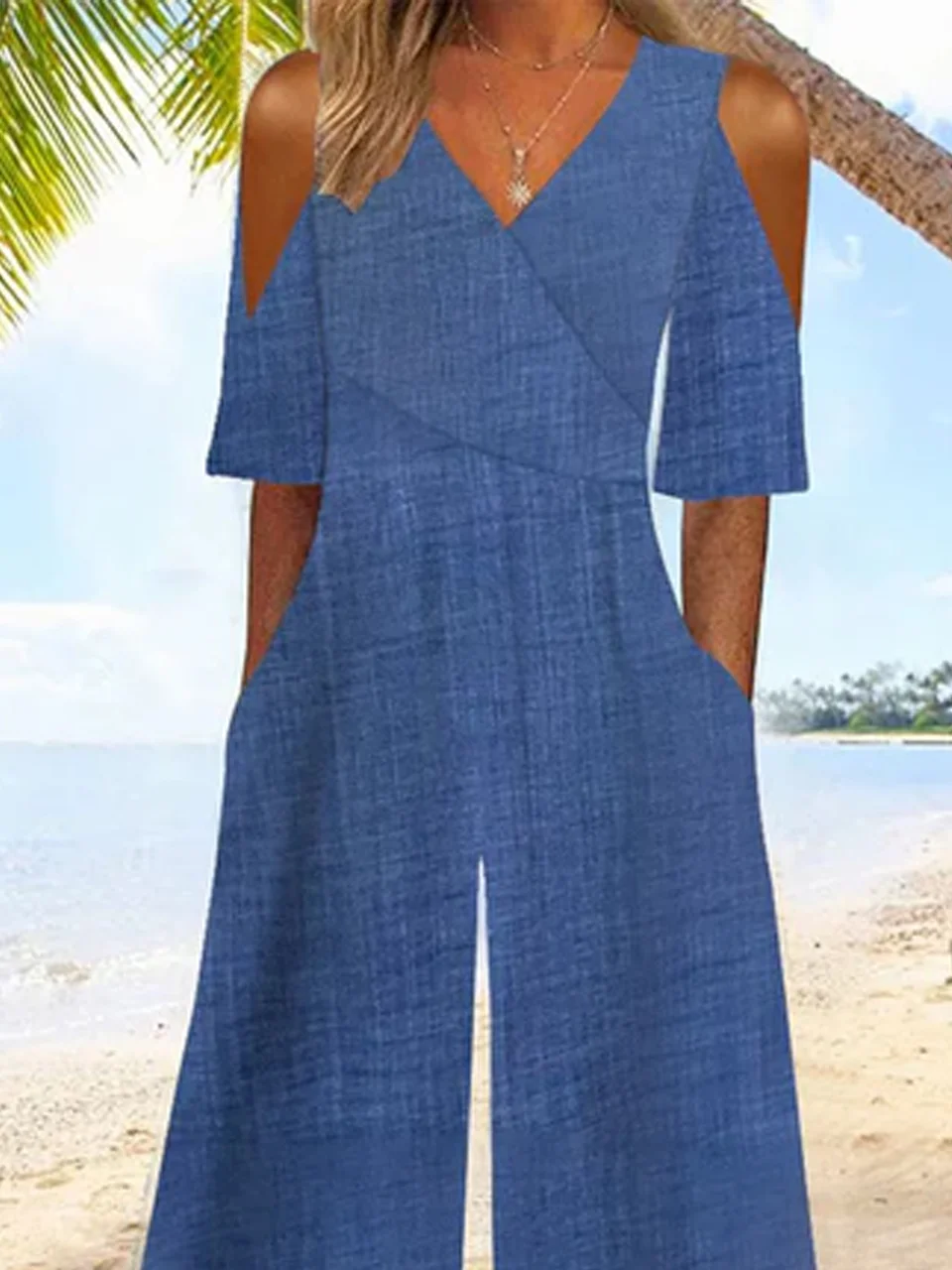 Damen Unifarben V-Ausschnitt Kurzarm Lässig Off-Shoulder-Ärmel Sommer Jumpsuit