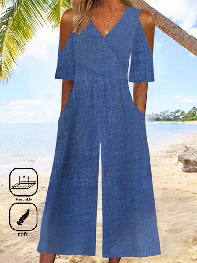 Damen Unifarben V-Ausschnitt Kurzarm Lässig Off-Shoulder-Ärmel Sommer Jumpsuit