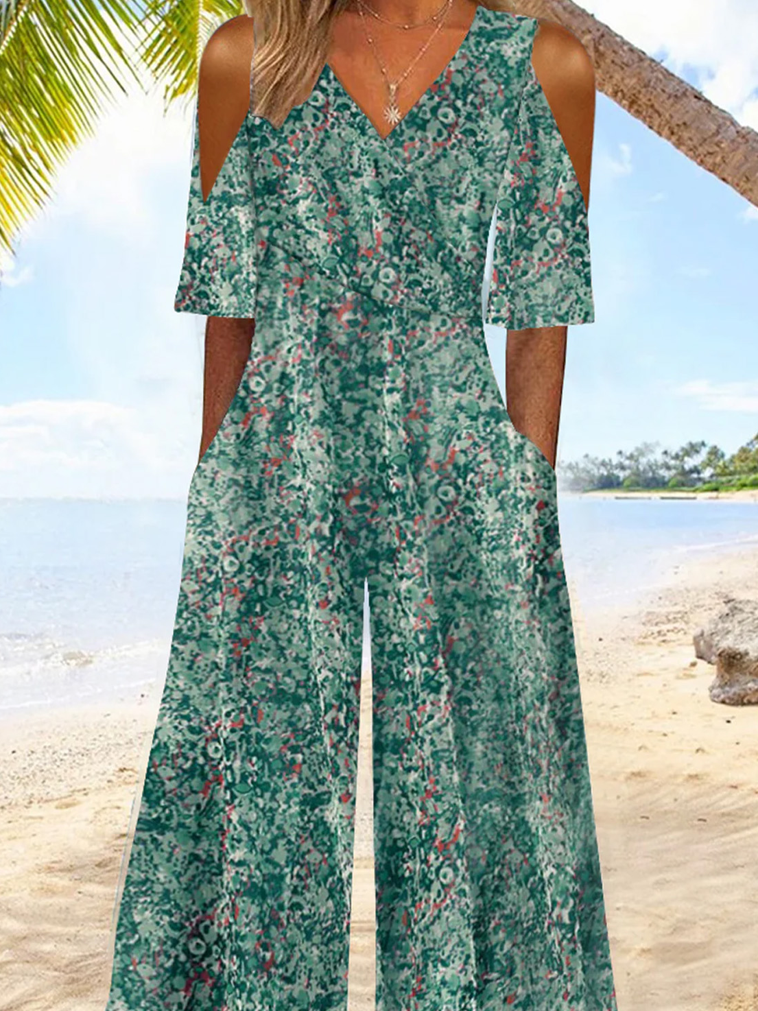 Damen Klein Geblümt V-Ausschnitt Kurzarm Urlaub Sommer Jumpsuit