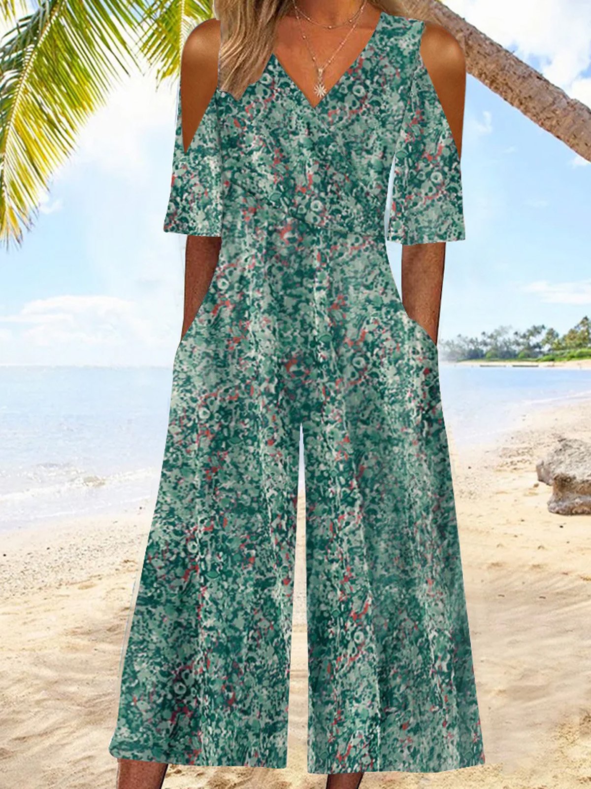 Damen Klein Geblümt V-Ausschnitt Kurzarm Urlaub Sommer Jumpsuit