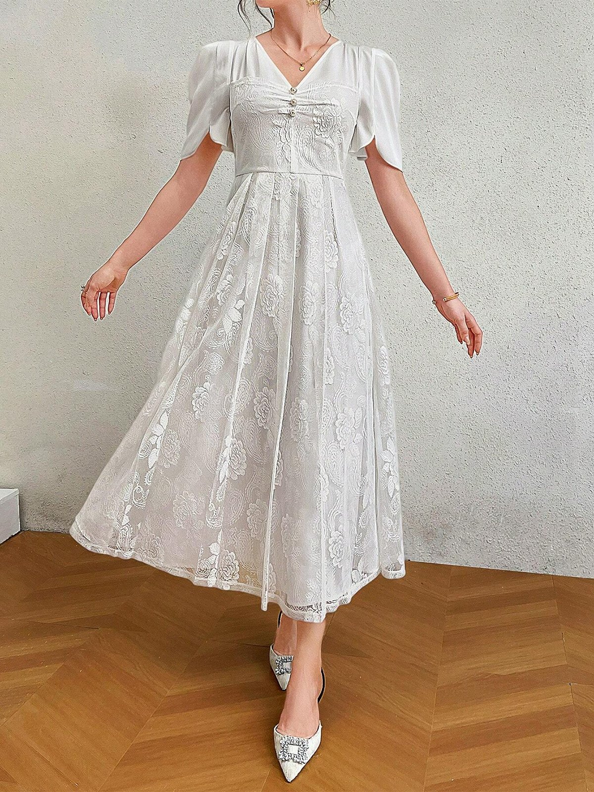 Unifarben Spitze V-Ausschnitt Elegant Kleid