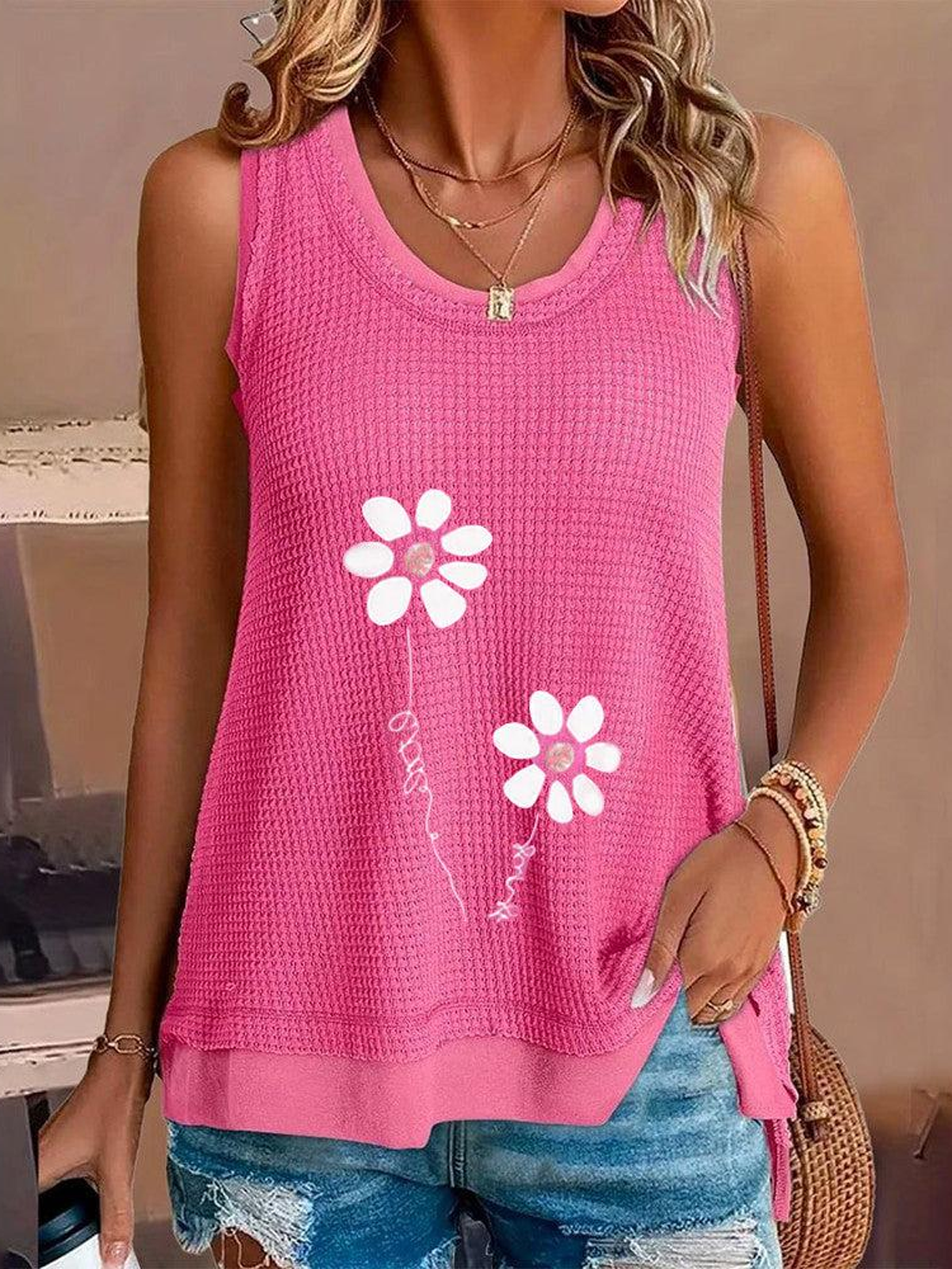 Damen Ärmellos Tanktop Oberteile Leibchen Sommer Geblümt Rundhals Täglich Ausgehen Lässig Oberteile