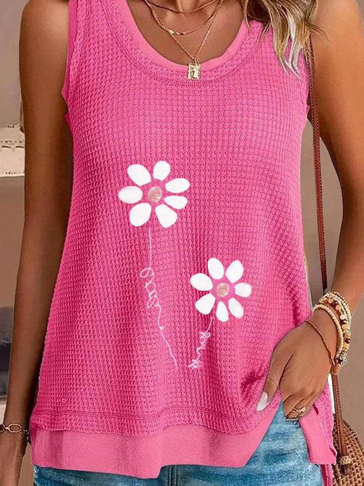 Damen Ärmellos Tanktop Oberteile Leibchen Sommer Geblümt Rundhals Täglich Ausgehen Lässig Oberteile