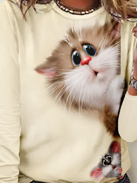 Damen Langarm Bluse Frühling/Herbst Katze Rundhals Täglich Ausgehen Lässig Oberteile