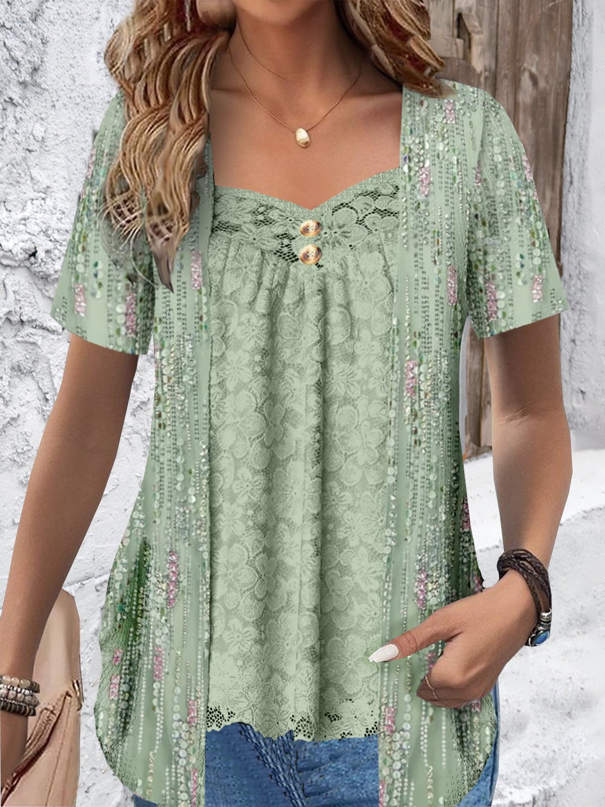 Damen Kurzarm Bluse Sommer Blumenmuster Spitze Jersey Täglich Ausgehen Lässig Oberteile