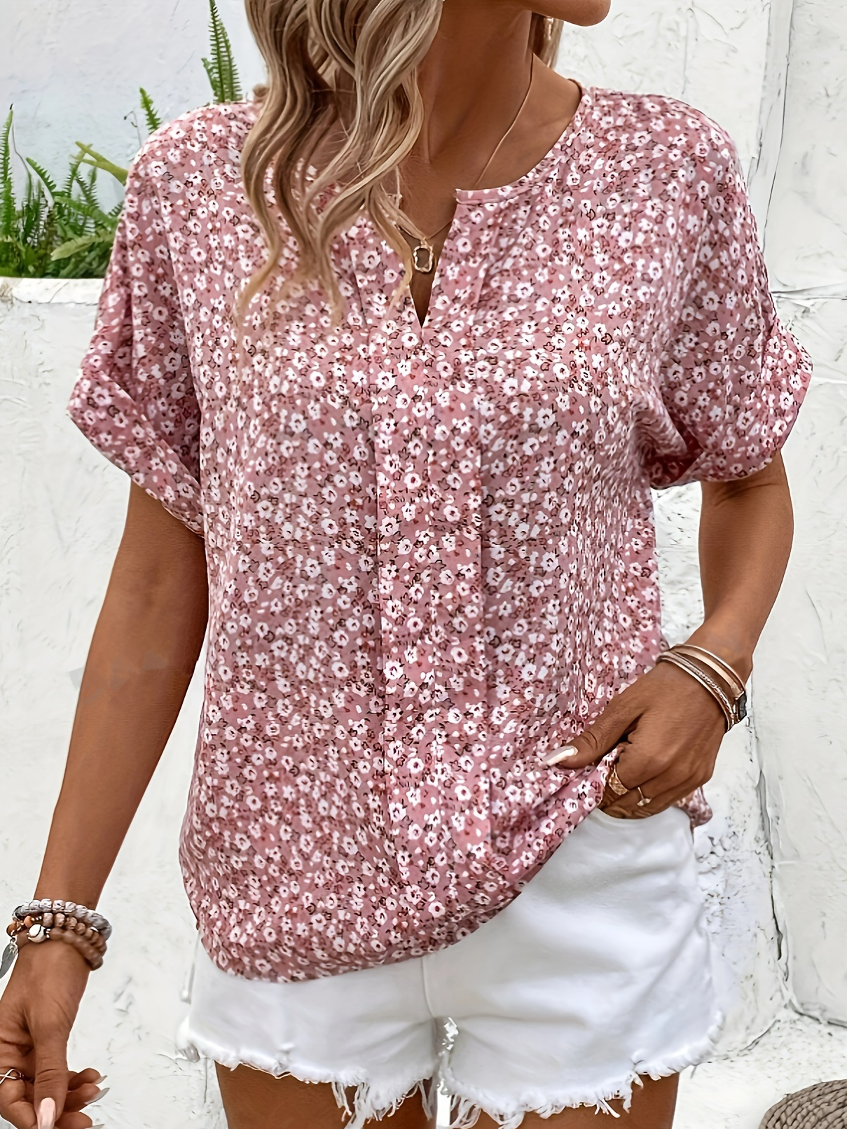 Damen Kurzarm Bluse Sommer Blumenmuster Gekerbt Täglich Ausgehen Lässig Oberteile