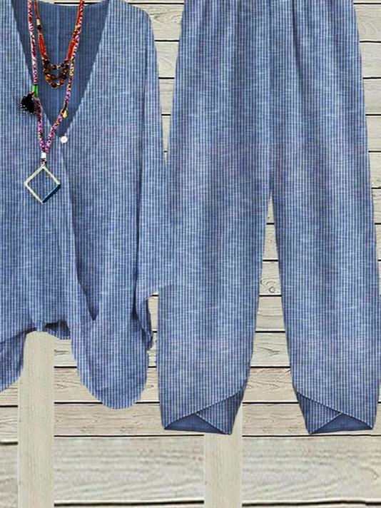 Zweiteiliges Set für Damen gestreift für den Alltag zum Ausgehen kurzärmlig lässig Sommer-Oberteil mit Hose passendes Set Blau