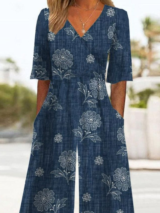 Damen Geblümt V-Ausschnitt Kurzarm Lässig Sommer Jumpsuit